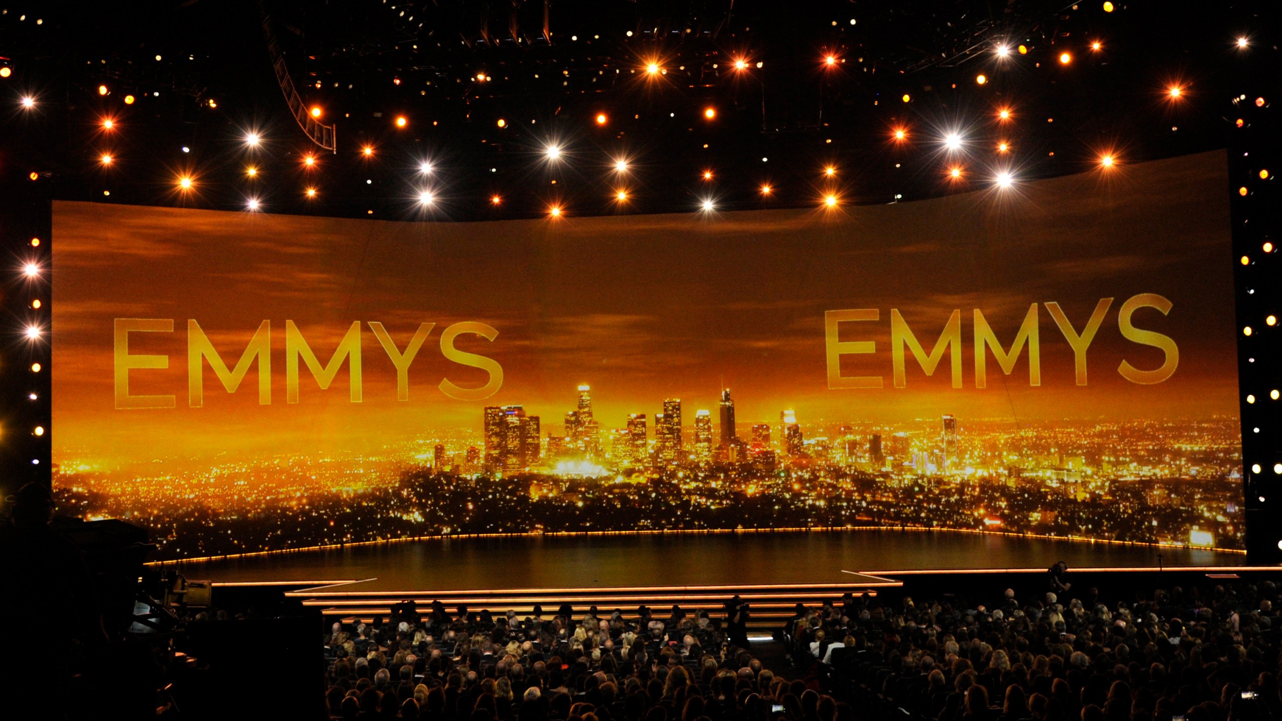 FILE - A view of the stage at the Primetime Emmy Awards in Los Angeles, is seen Sept. 22, 2019. (Photo by Chris Pizzello/Invision/AP, File)