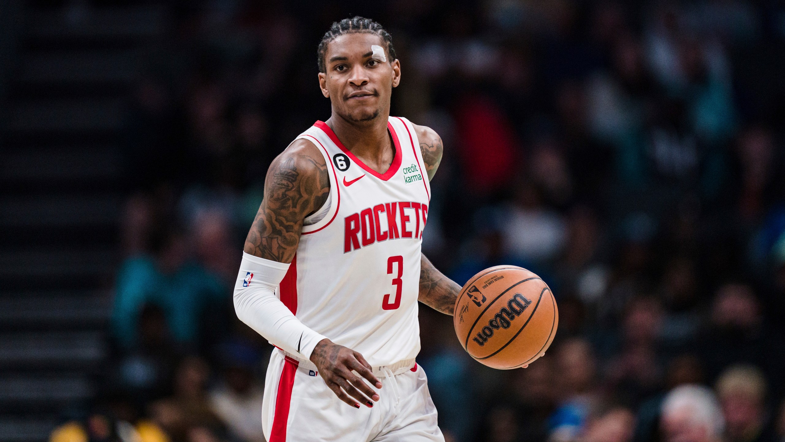 Houston Rockets guard Kevin Porter Jr. (3) brings the ball up court against the Charlotte Hornets during the second half of an NBA basketball game in Charlotte, N.C. on April 7, 2023. (Jacob Kupferman/Associated Press)