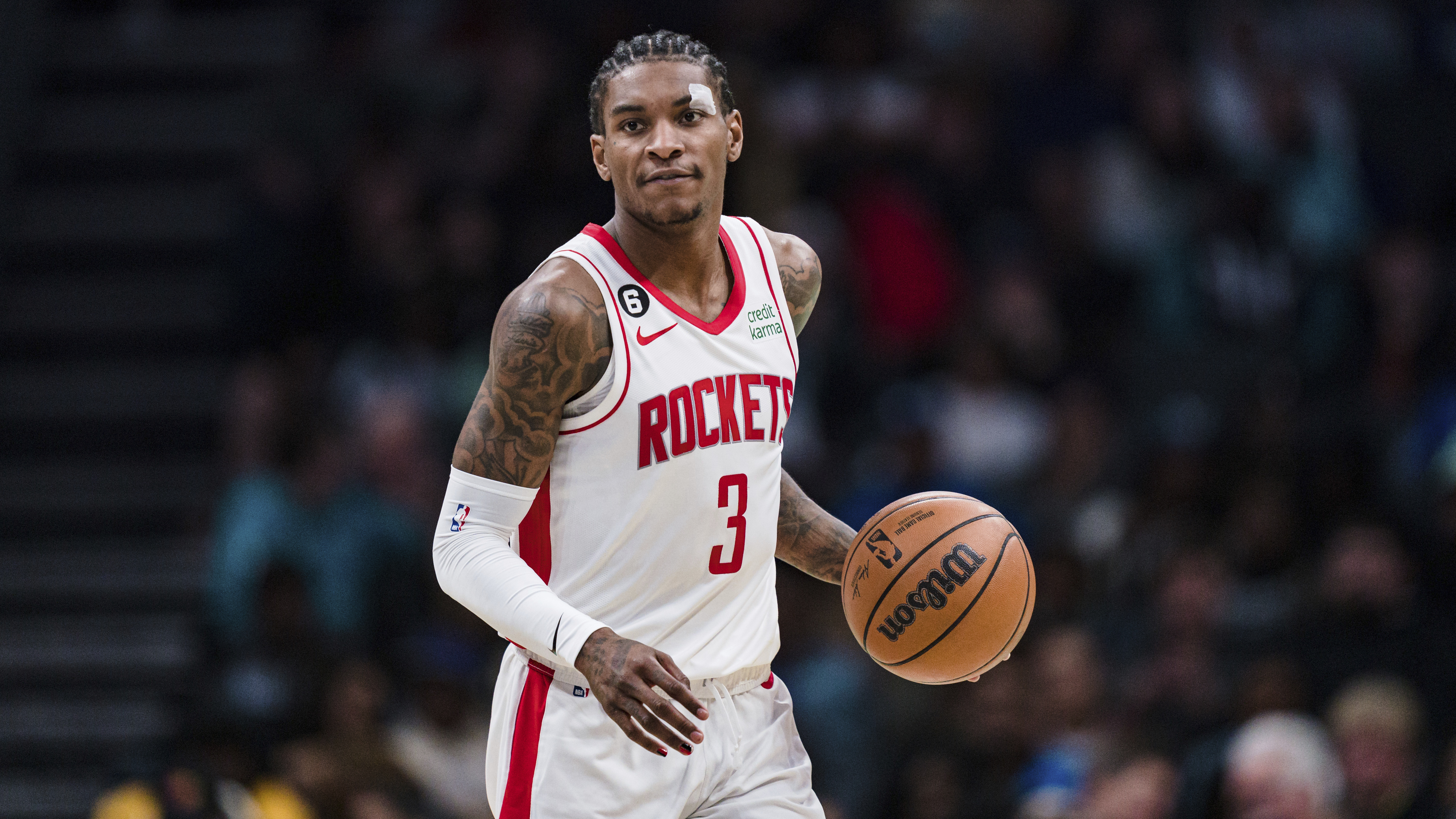 Houston Rockets guard Kevin Porter Jr. (3) brings the ball up court against the Charlotte Hornets during the second half of an NBA basketball game in Charlotte, N.C. on April 7, 2023. (Jacob Kupferman/Associated Press)