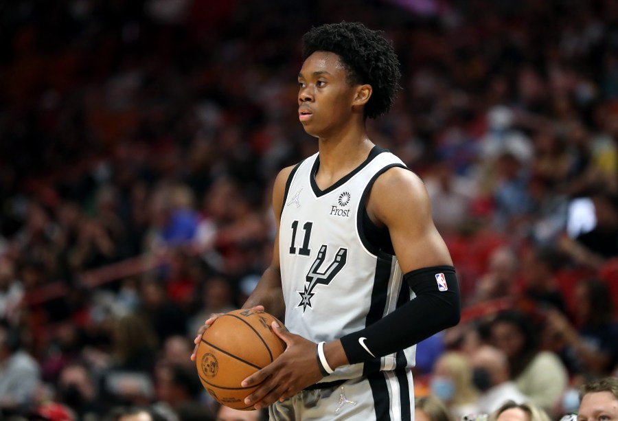 Joshua Primo of the San Antonio Spurs pictured during the third quarter against the Miami Heat on February 26, 2022 in Miami, Florida. Primo was released from the Spurs after allegations surfaced that he exposed himself to multiple women. (Getty Images)