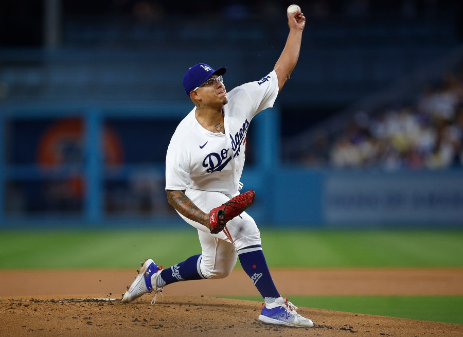 Julio Urias of the Los Angeles Dodgers throws against the Atlanta Braves in the first inning at Dodger Stadium on Sept. 1, 2023. (Ronald Martinez/Getty Images)