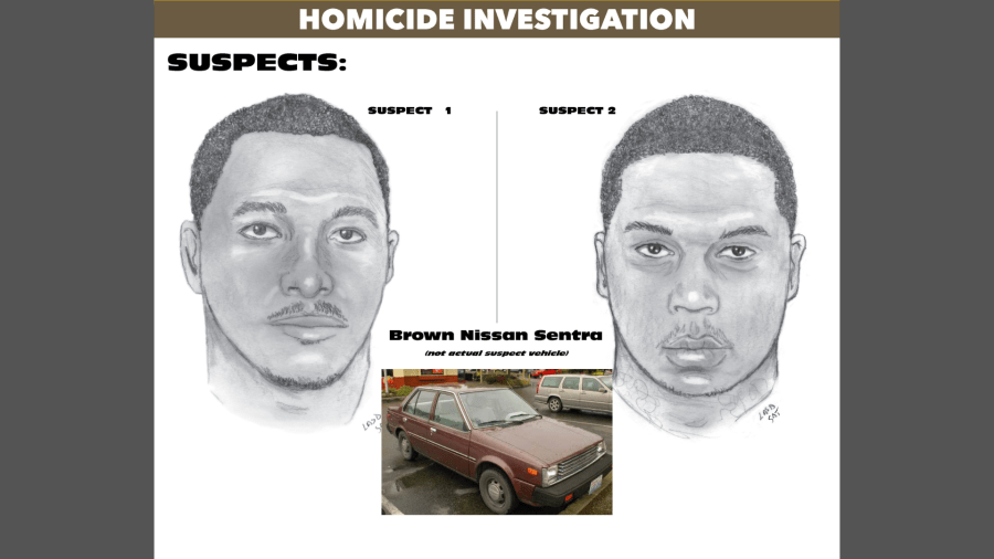 Suspects and their vehicle believed to be involved in the murder of Stephen Murphy, 24, and his daughter, Kali Murphy, 2, in Compton on Aug. 8, 2001. (Los Angeles County Sheriff’s Department)