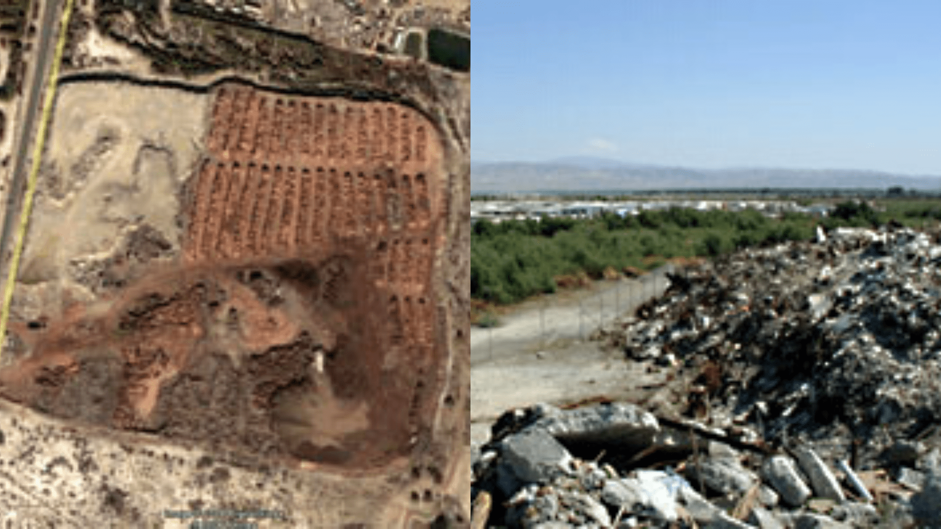 From left: Aerial photo of Lawson Dumpsite in 2007 (Google Earth); Fires from Lawson regularly affected the residents of the nearby trailer park. (Environmental Protection Agency)