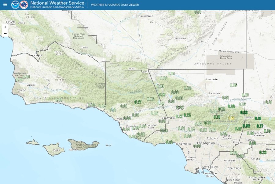 Overnight rainfall totals across Southern California on Sept. 1-2, 2023. (National Weather Service)