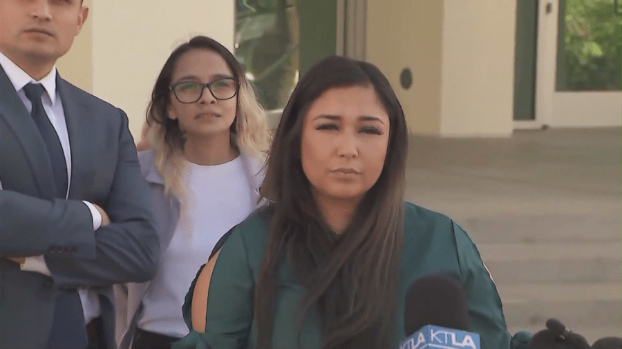 Two alleged victims spoke out against Christian Heidecker during a news conference on Sept. 26, 2023. (KTLA)