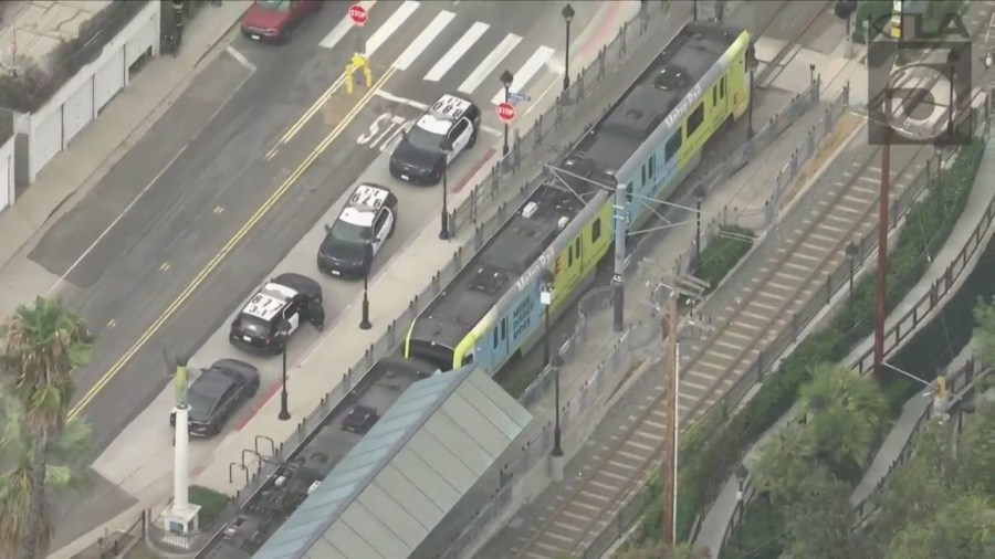 A person was hospitalized after being stabbed on a Metrolink train in Highland Park on Sept. 1, 2023. (KTLA)