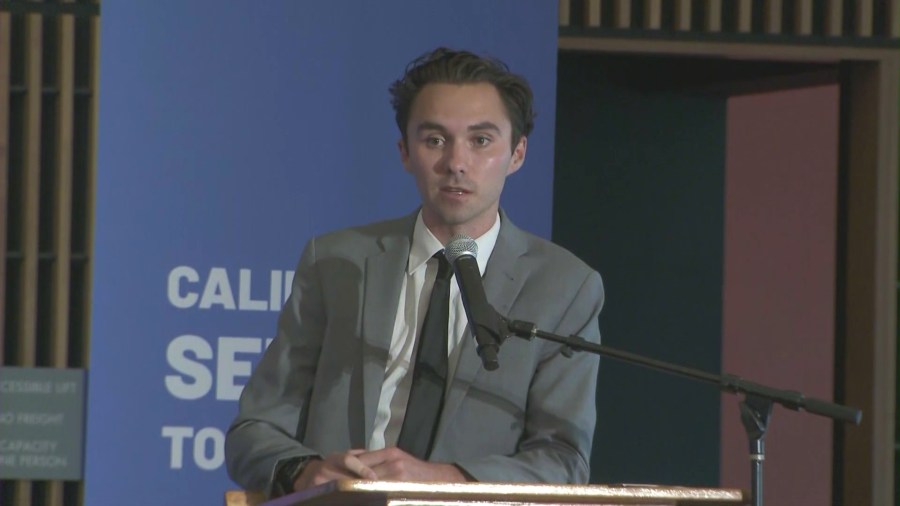 David Hogg spoke at the town hall on Sept. 8, 2023. Hogg is a co-founder of the youth-led “March for Our Lives,” and a survivor of high school mass shooting in Parkland, Florida in 2018. (KTLA)