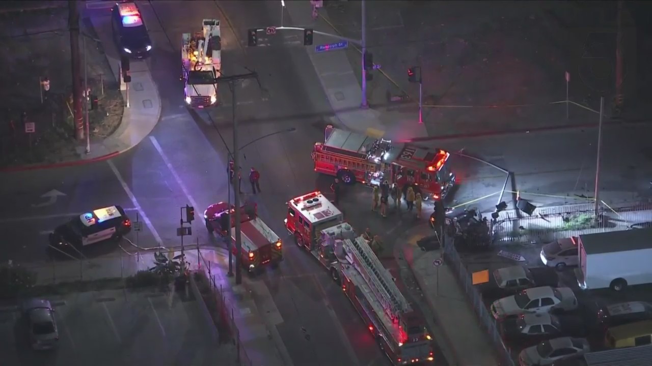 Two people are dead and three people are hospitalized after a fatal two-car collision in Huntington Park on Sept. 1, 2023. (KTLA)