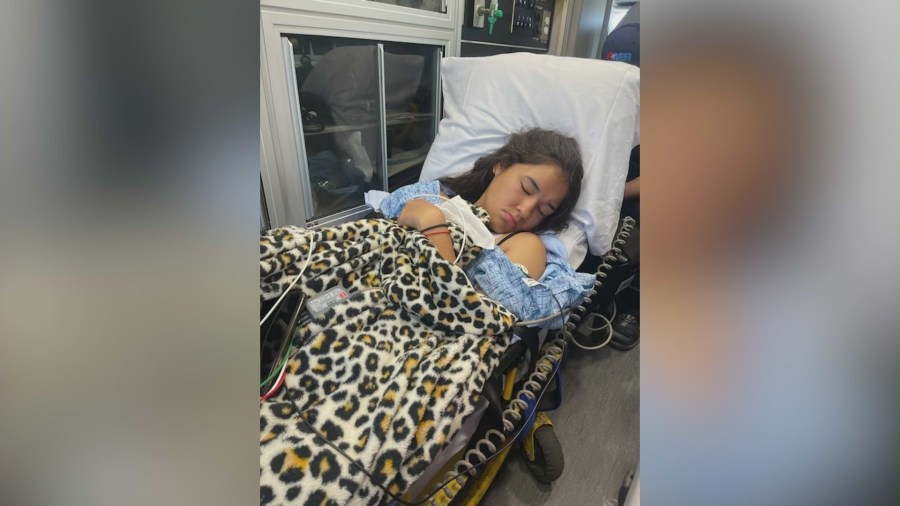 Faith Jeffers, 16, is hospitalized after being thrown to the ground by a sheriff’s deputy during a violent brawl at Victor Valley High School on Sept. 22, 2023. (Priscilla Jeffers)