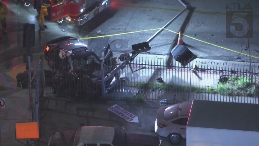 Two people are dead and three people are hospitalized after a fatal two-car collision in Huntington Park on Sept. 1, 2023. (KTLA)