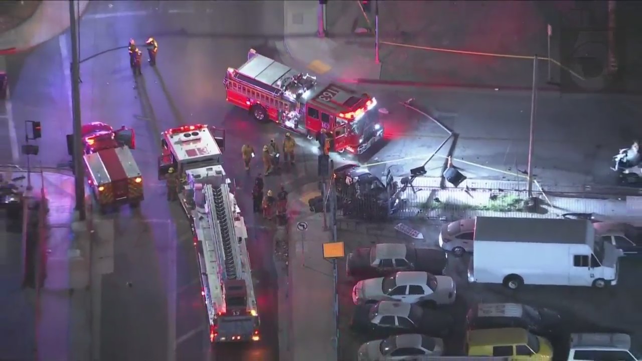 Two people are dead and three people are hospitalized after a fatal two-car collision in Huntington Park on Sept. 1, 2023. (KTLA)