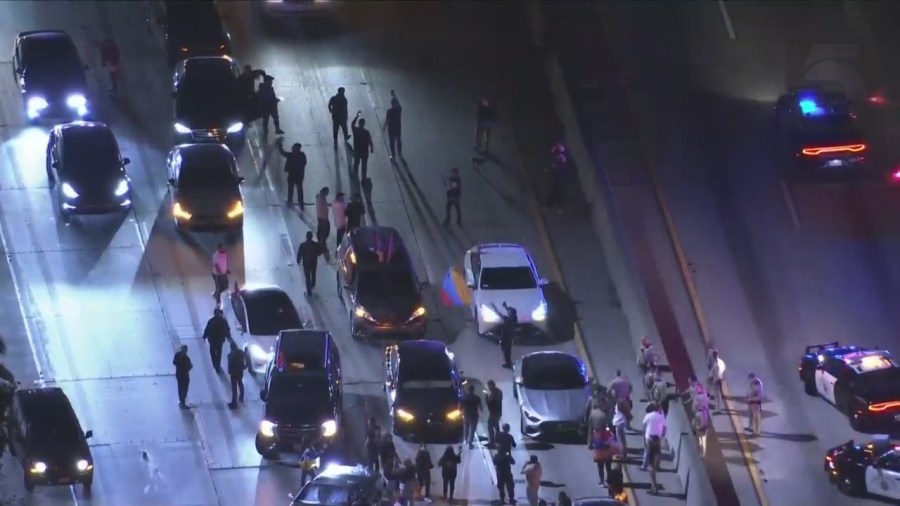 Demonstrators shut down the 101 Freeway calling attention to the ongoing crisis between Armenia and Azerbaijan on Sept. 19, 2023. (KTLA)