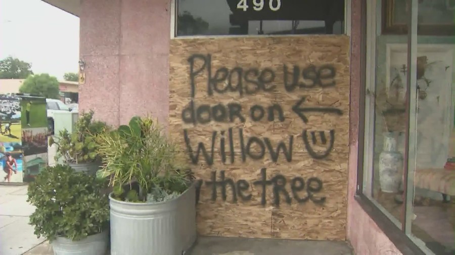 The owner of Long Beach antique shop, Magnolia and Willow, is pleading for the city’s help after vehicles are continually crashing into her shop. (KTLA)