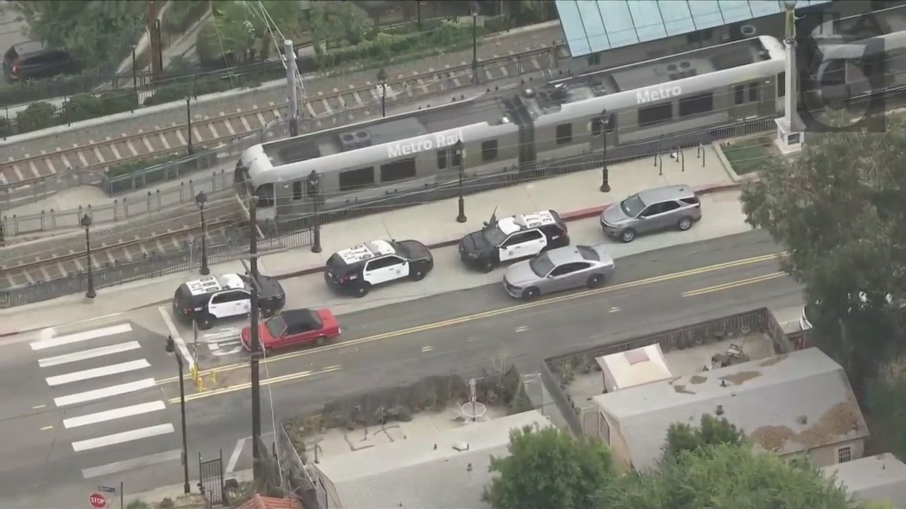 A person was hospitalized after being stabbed on a Metrolink train in Highland Park on Sept. 1, 2023. (KTLA)