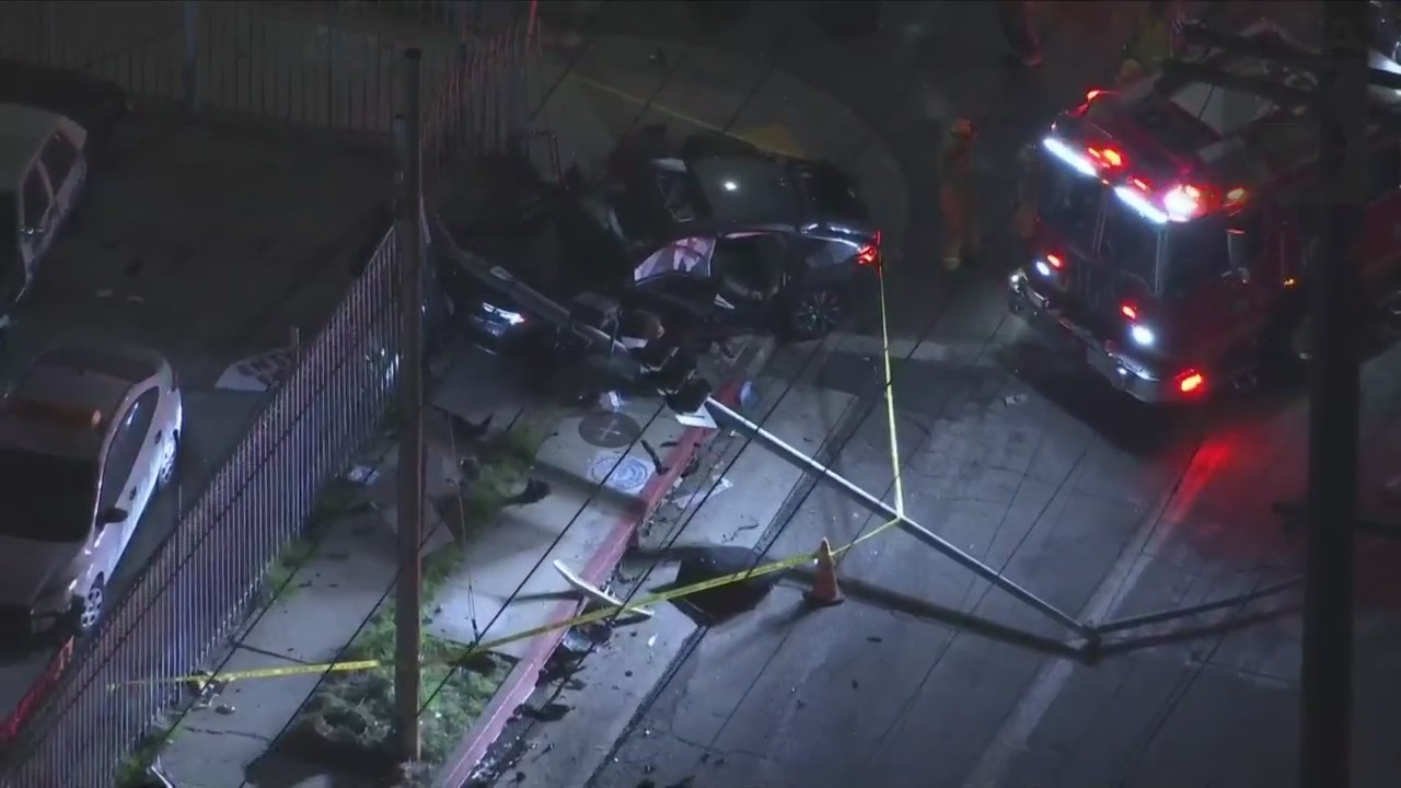 Two people are dead and three people are hospitalized after a fatal two-car collision in Huntington Park on Sept. 1, 2023. (KTLA)