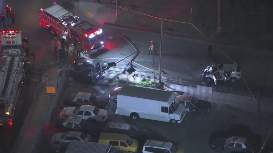 Two people are dead and three people are hospitalized after a fatal two-car collision in Huntington Park on Sept. 1, 2023. (KTLA)