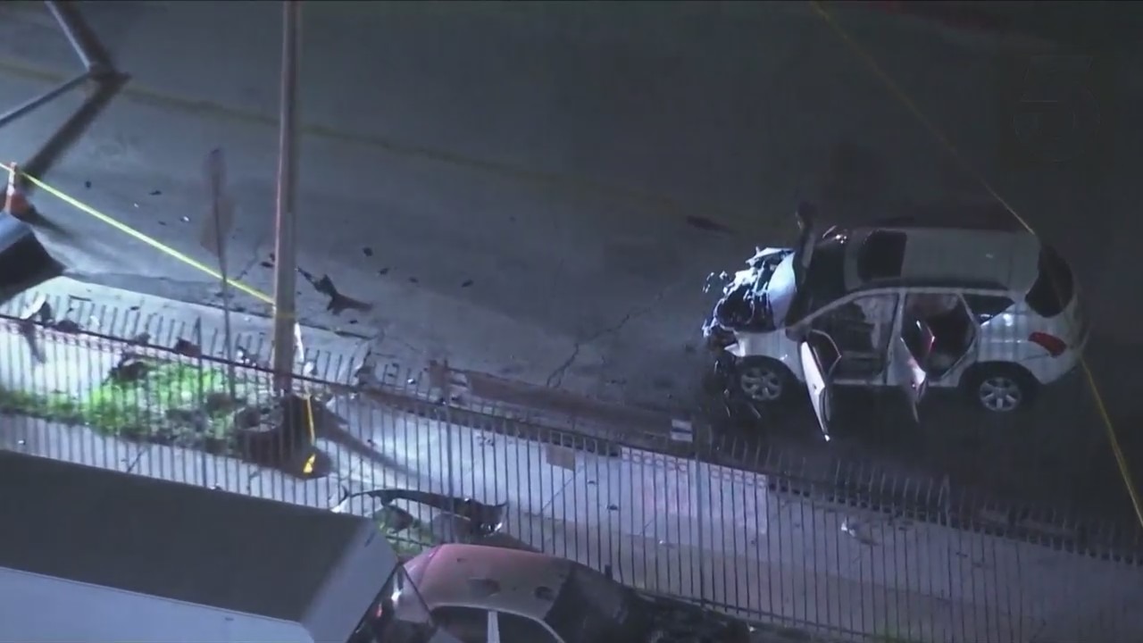 Two people are dead and three people are hospitalized after a fatal two-car collision in Huntington Park on Sept. 1, 2023. (KTLA)