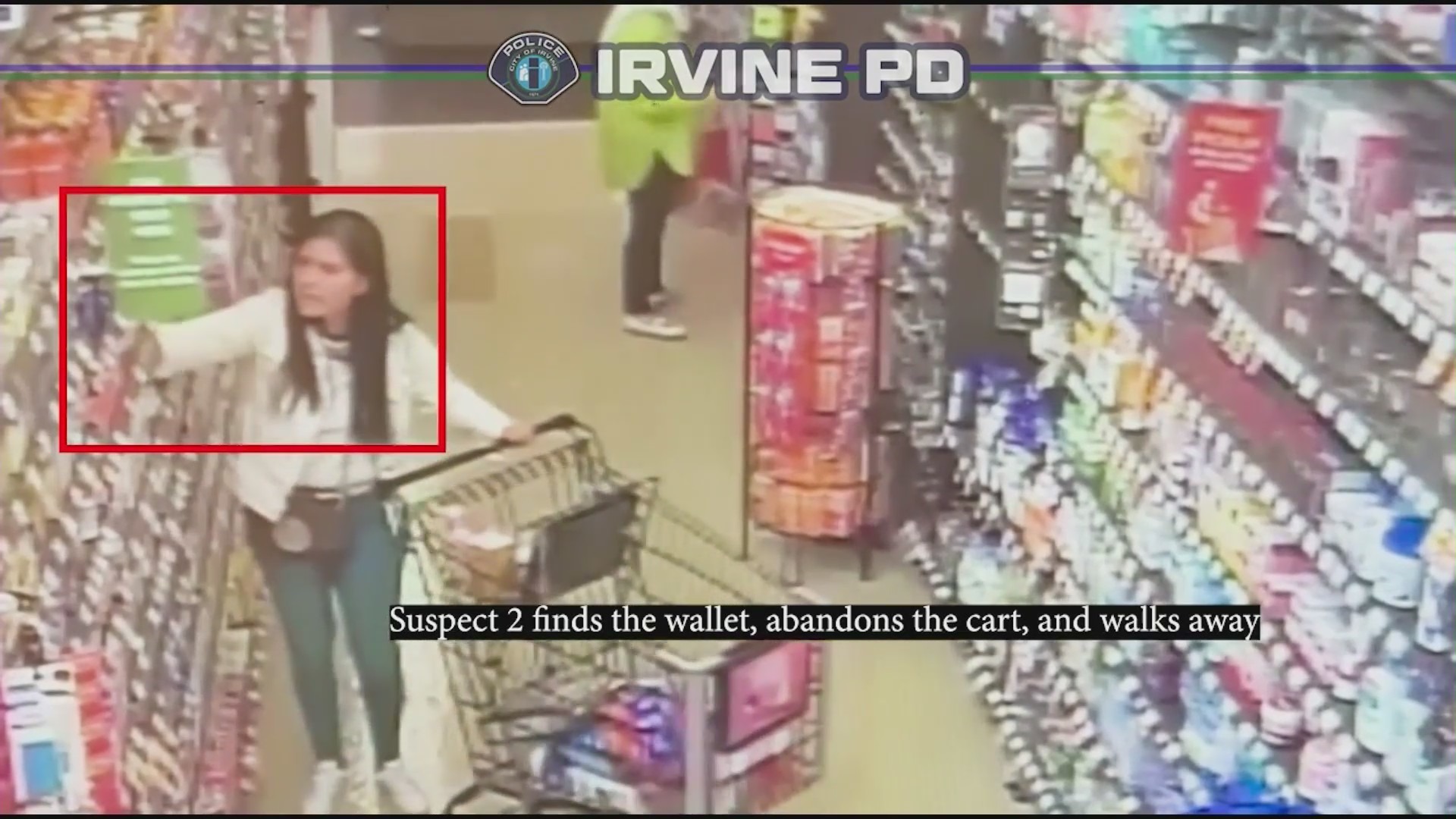 Security video of suspects targeting a woman at a Ralph’s in Irvine when she leaves her purse unattended inside her cart on Sept. 13, 2023. (Irvine Police Department)