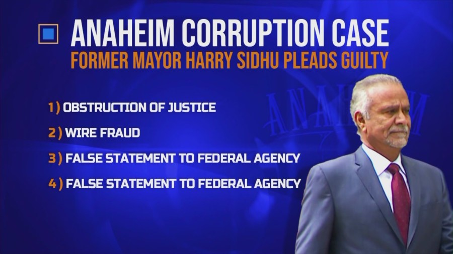 Former Anaheim mayor Harry Sidhu, 66, plead guilty to multiple federal charges related to the $150 million sale of Angel Stadium. (KTLA)