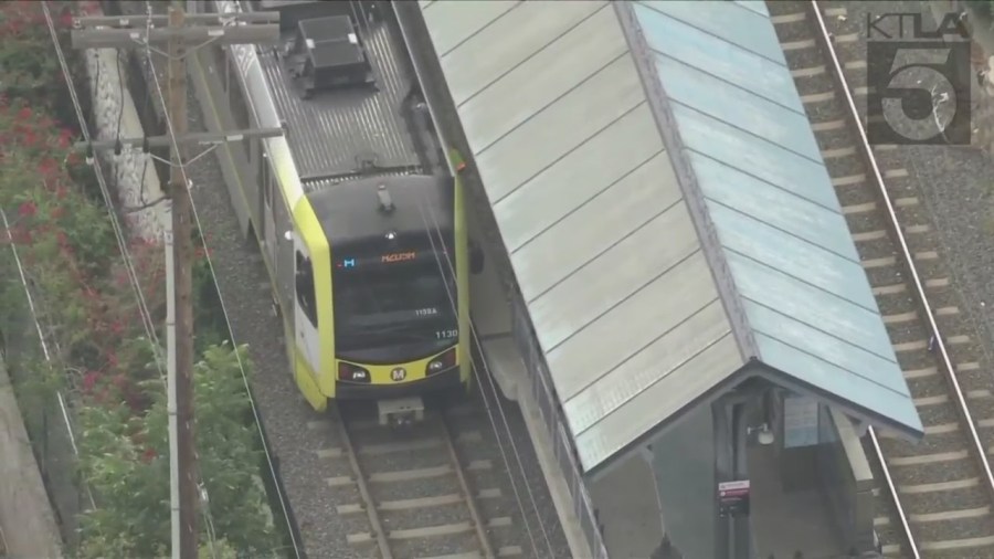 A person was hospitalized after being stabbed on a Metrolink train in Highland Park on Sept. 1, 2023. (KTLA)