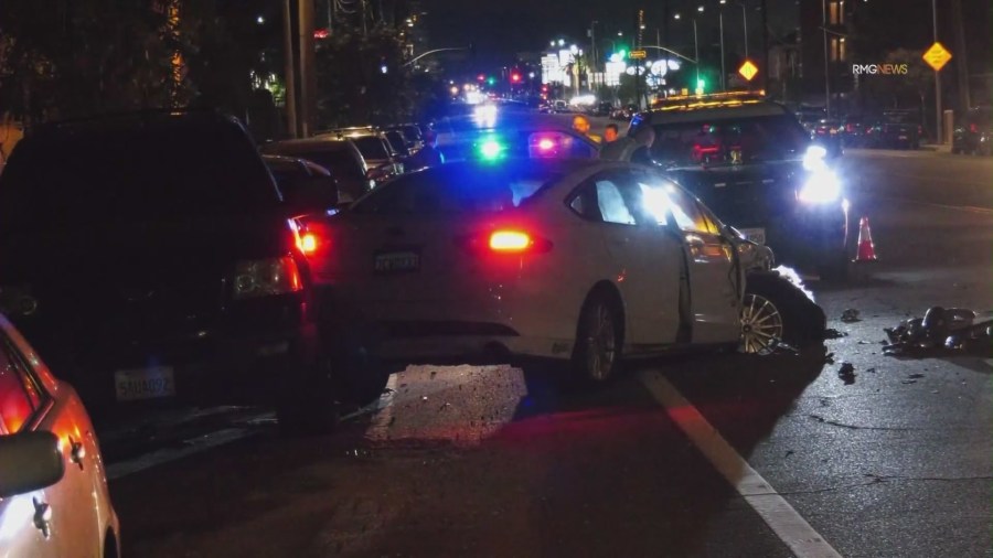 The crash scene where 87-year-old Aurora Reynozo was struck and killed by an alleged drunk driver in Sylmar on Sept. 7, 2023. (RMG)