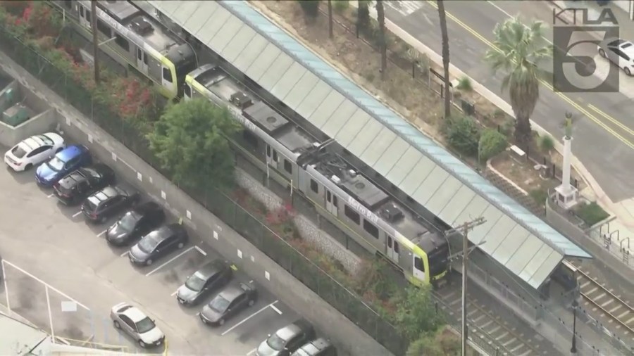 A person was hospitalized after being stabbed on a Metrolink train in Highland Park on Sept. 1, 2023. (KTLA)