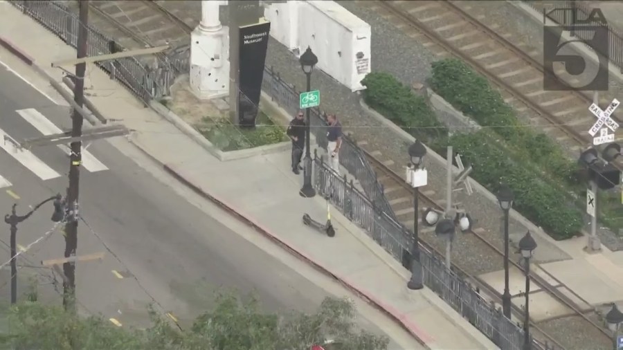 A person was hospitalized after being stabbed on a Metrolink train in Highland Park on Sept. 1, 2023. (KTLA)