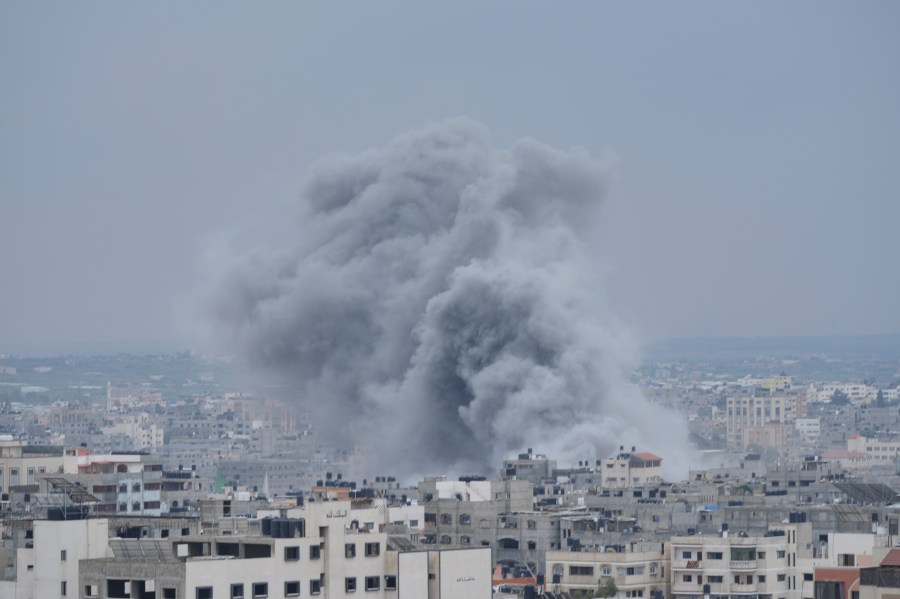 Smoke from an Israeli airstrike rises in Gaza City on Monday, Oct. 9, 2023. (AP Photo/Hatem Moussa)