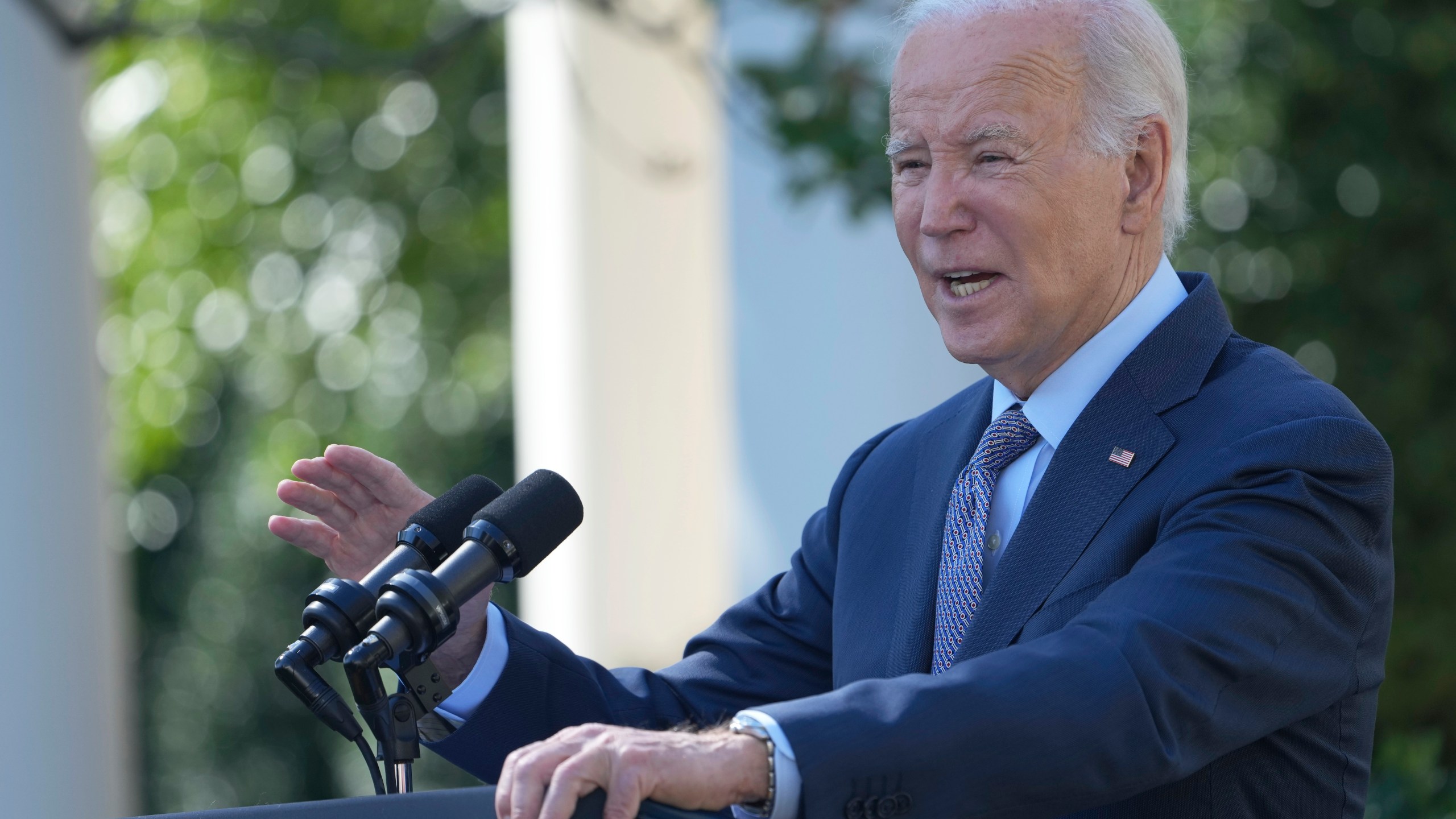 President Joe Biden speaks in the Rose Garden of the White House in Washington, Wednesday, Oct. 11, 2023, about efforts to eliminate hidden junk fees. The Federal Trade Commission on Wednesday proposed a rule to ban any hidden and bogus junk fees, which can mask the total cost of concert tickets, hotel rooms and utility bills. (AP Photo/Susan Walsh)