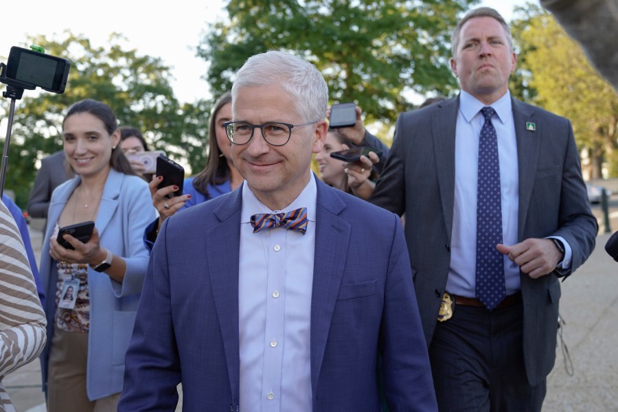 Rep. Patrick McHenry, R-N.C., the temporary leader of the House of Representatives and the speaker pro tempore, talks with reporters at the Capitol in Washington, Friday, Oct. 13, 2023. (AP Photo/Mariam Zuhaib)