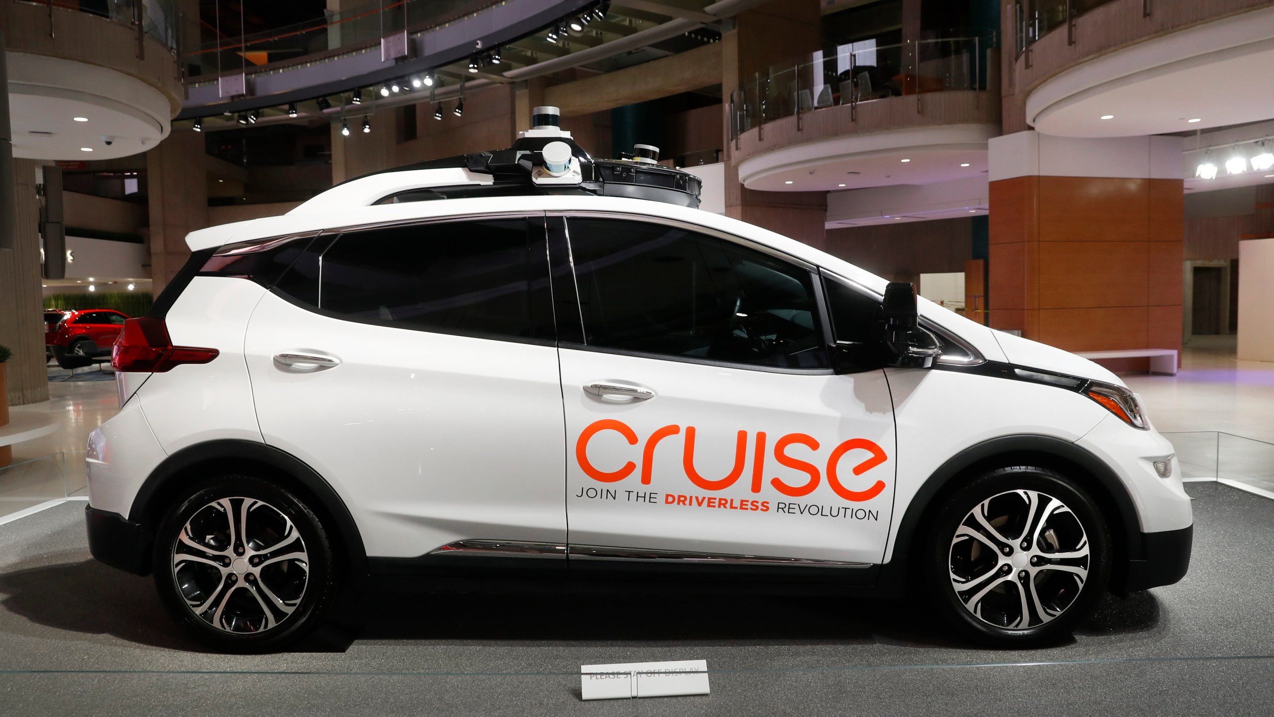 FILE - In this Jan. 16, 2019, file photo, Cruise AV, General Motor's autonomous electric Bolt EV is displayed in Detroit. General Motors’ Cruise says it's suspending its driverless operations nationwide as the robotaxi service works to rebuild public trust. The announcement, Friday, Oct. 27, 2023, arrives just days after California regulators revoked Cruise’s license — after determining that its driverless cars, which recently began transporting passengers throughout San Francisco, posed dangers to public safety. (AP Photo/Paul Sancya, File)