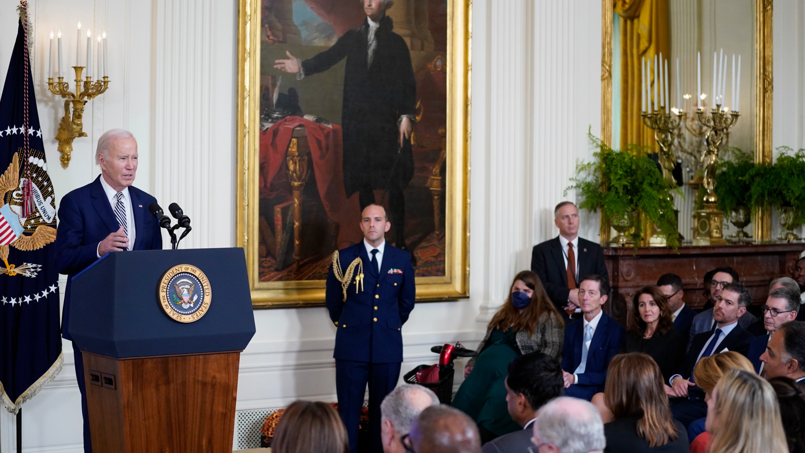 President Joe Biden delivers remarks about government regulations on artificial intelligence systems during an event in the East Room of the White House, Monday, Oct. 30, 2023, in Washington. (AP Photo/Evan Vucci)