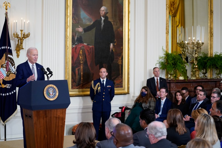 President Joe Biden delivers remarks about government regulations on artificial intelligence systems during an event in the East Room of the White House, Monday, Oct. 30, 2023, in Washington. (AP Photo/Evan Vucci)