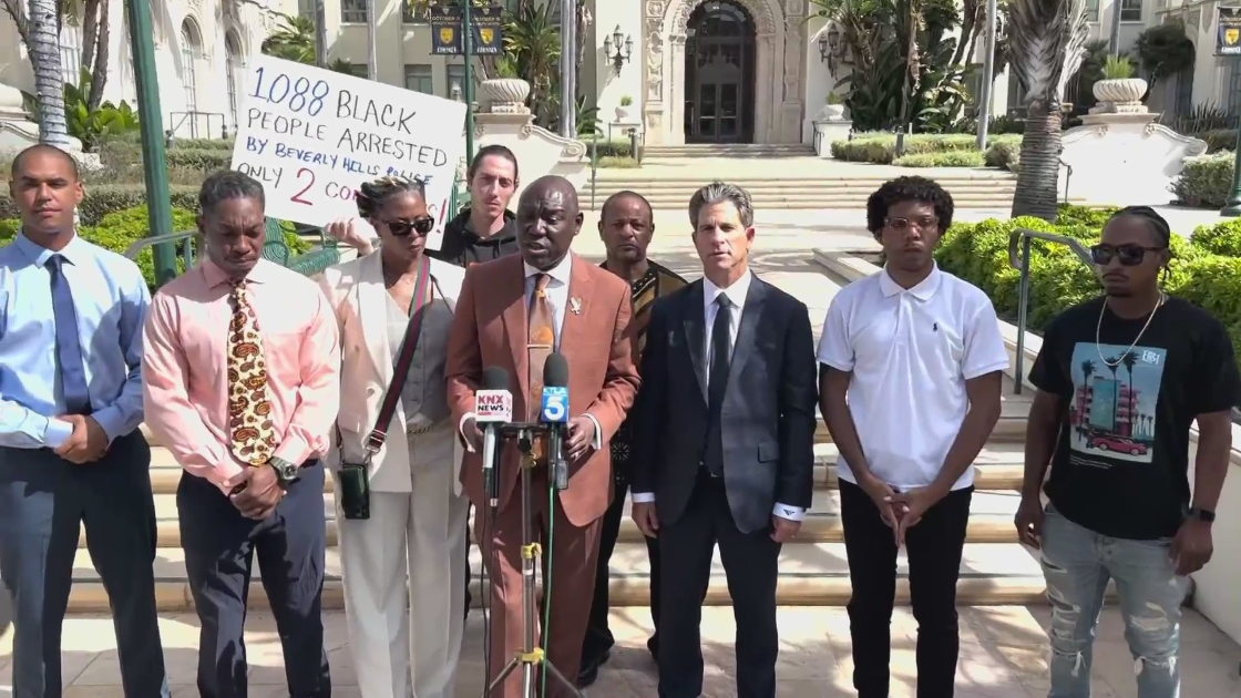 Ben Crump and others discuss a civil rights class action lawsuit against the Beverly Hills Police Department on Oct. 13, 2023. (KTLA)