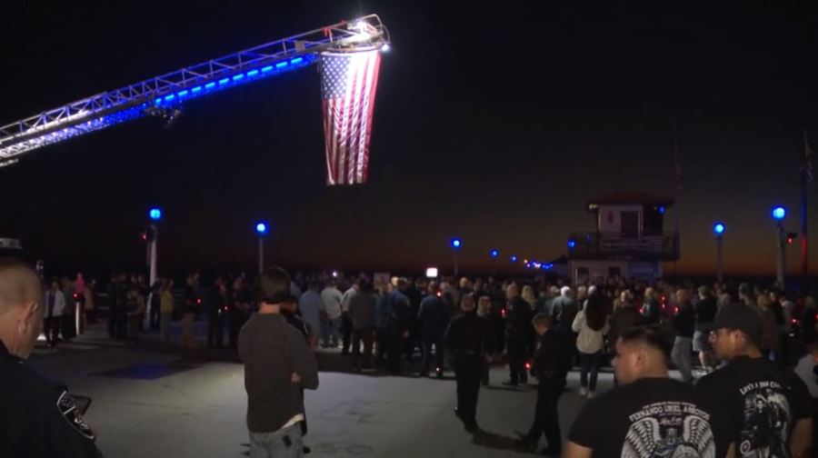 A candlelight vigil was held on Oct. 6, 2023 to honor Manhattan Beach motorcycle officer Chad Swanson who was killed in a multi-vehicle crash on the 405 Freeway in Carson. (KTLA)