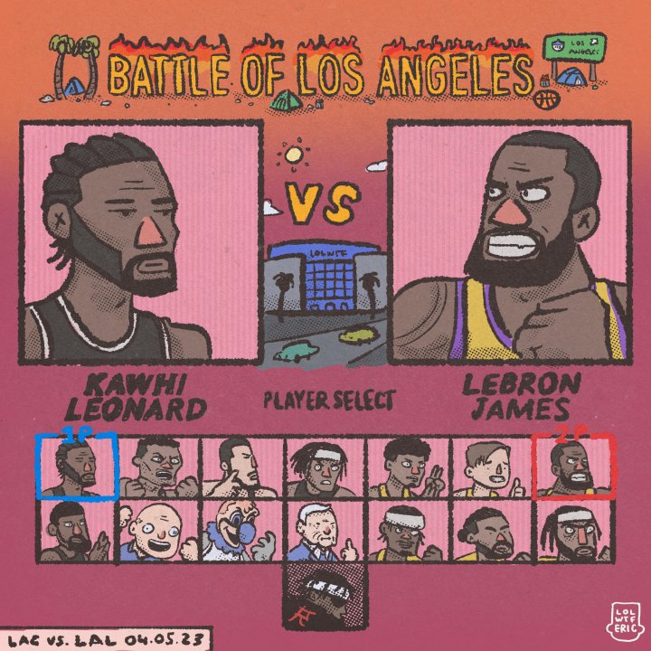 An Eric Bui doodle depicts the 'Battle of Los Angeles' rivalry game between the Los Angeles Lakers and the Los Angeles Clippers. (Eric Bui)