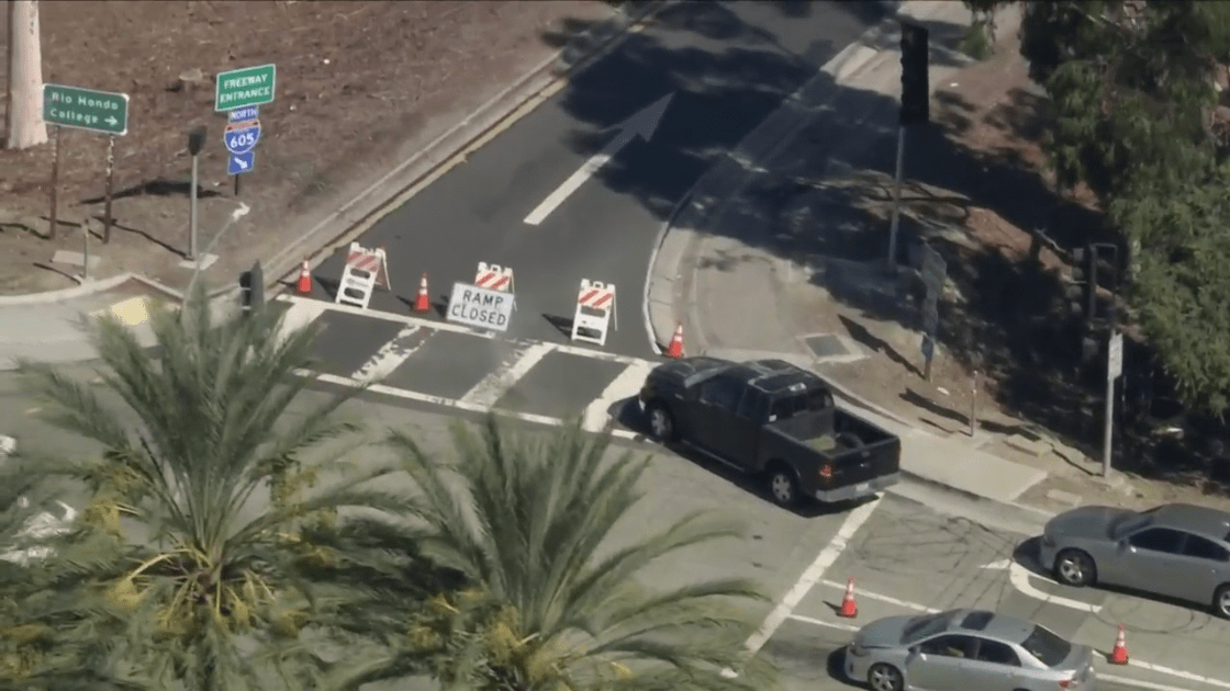 The 605 Freeway on ramp at Rose Hills was closed after a body was found on the side of the highway on Oct. 16, 2023. (KTLA)