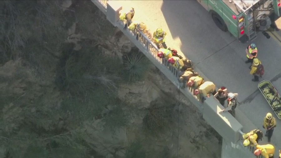 A trapped driver was rescued by crews after crashing off the side of a bridge in the Angeles National Forest on Oct. 6, 2023. (KTLA)