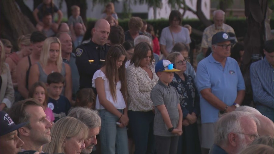 A candlelight vigil was held on Oct. 6, 2023 to honor Manhattan Beach motorcycle officer Chad Swanson who was killed in a multi-vehicle crash on the 405 Freeway in Carson. (KTLA)