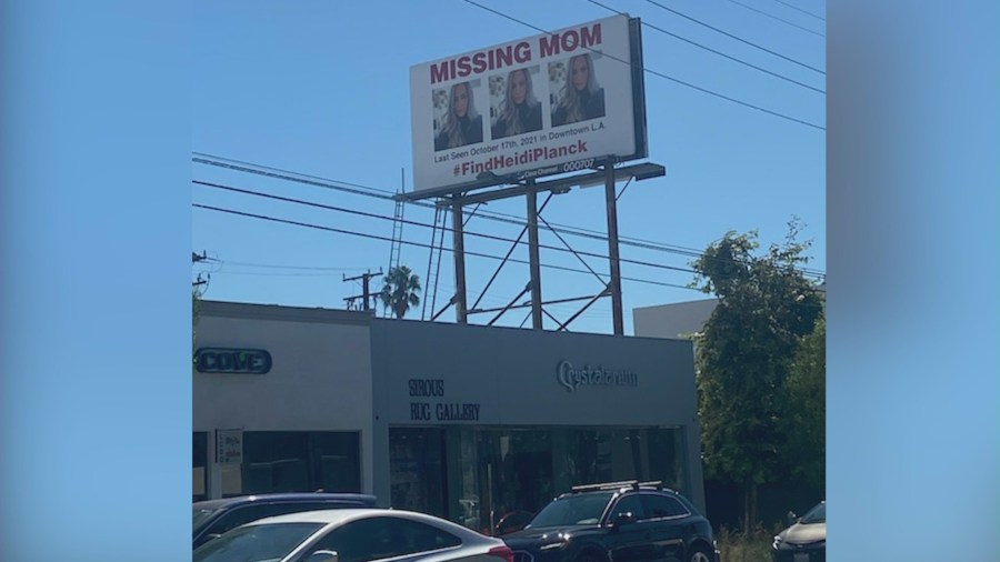 A billboard in Los Angeles shows Heidi Planck, a 39-year-old woman who disappeared on Oct. 17, 2021. (KTLA)