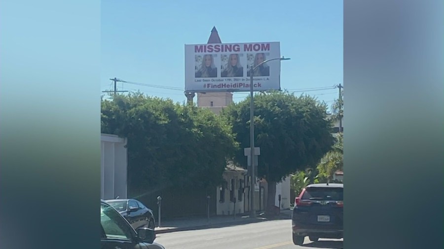 A billboard in Los Angeles shows Heidi Planck, a 39-year-old woman who disappeared on Oct. 17, 2021. (KTLA)