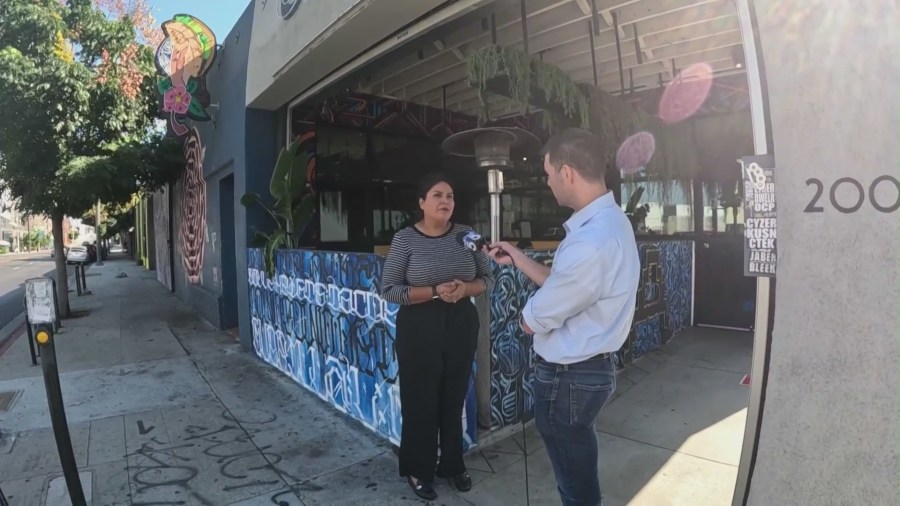 KTLA's John Fenoglio speaks with Brittney Valles, co-owner of Guerilla Tacos on Oct. 28, 2023. (KTLA)