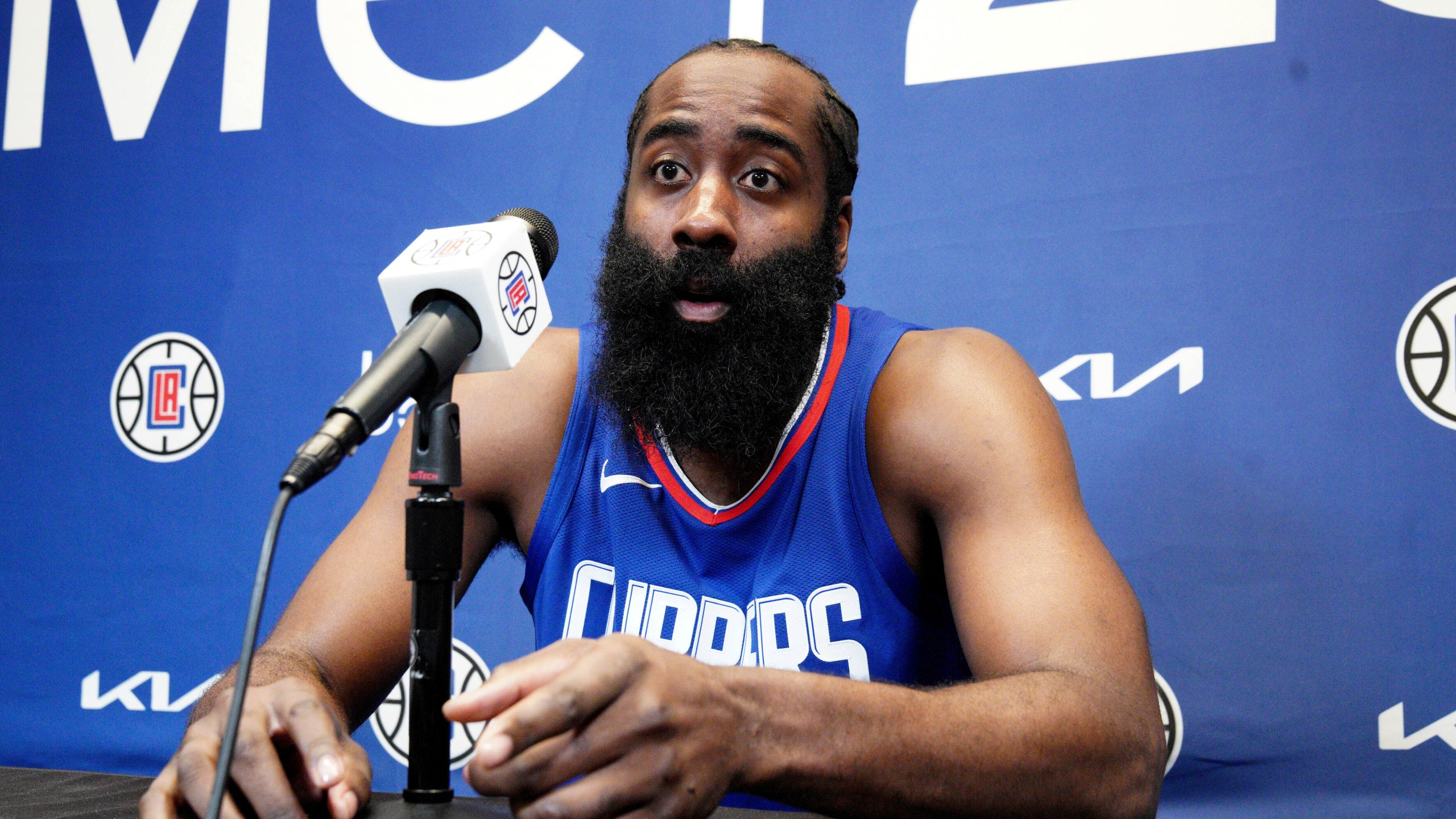 James Harden responds to a reporter's question as he is introduced as the newest member of the Los Angeles Clippers at a news conference at the NBA baketball team's training facility Thursday, Nov. 2, 2023, in Los Angeles. (AP Photo/Richard Vogel)