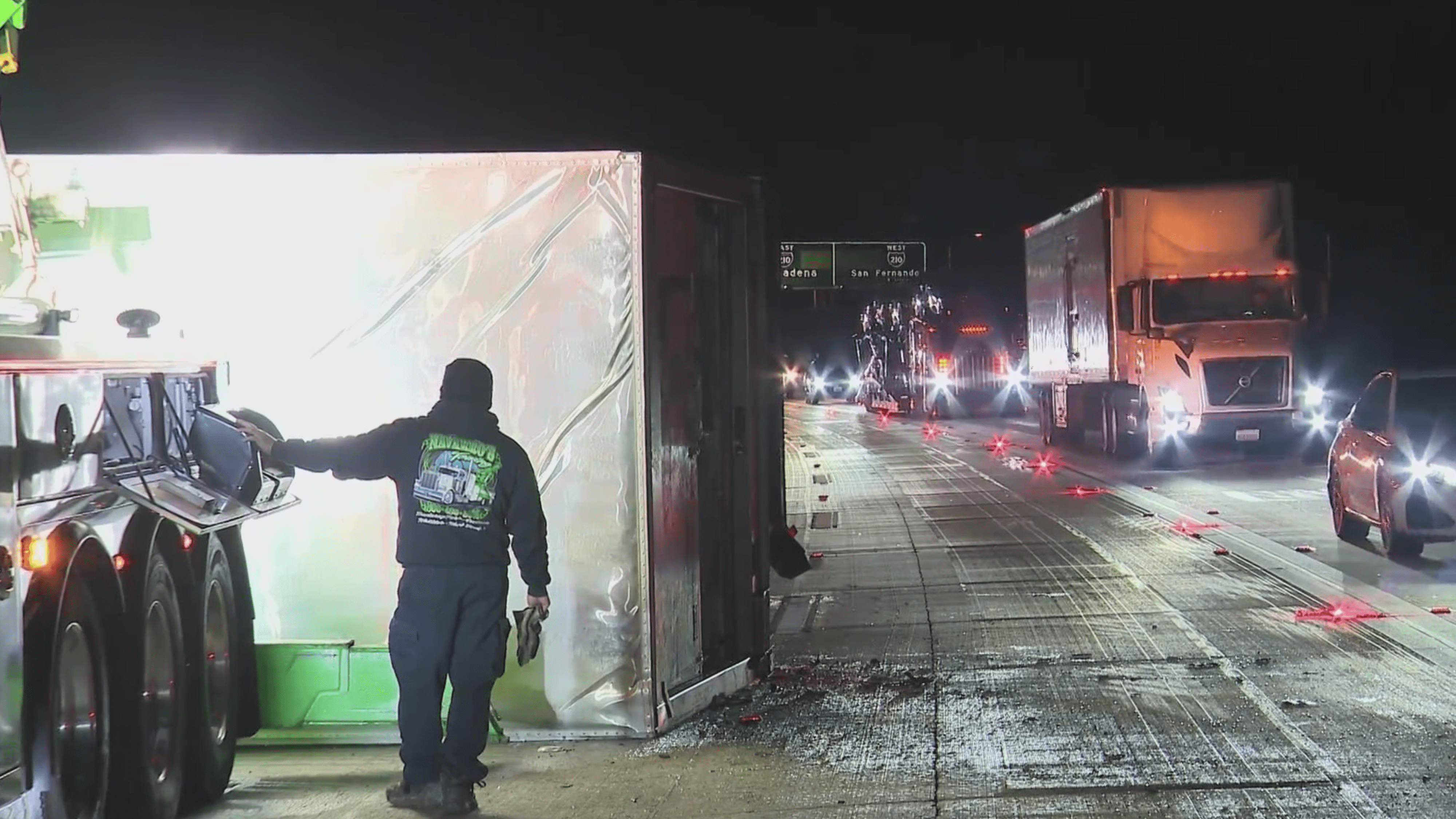 An overturned big rig is seen on the 134 Freeway in Pasadena.