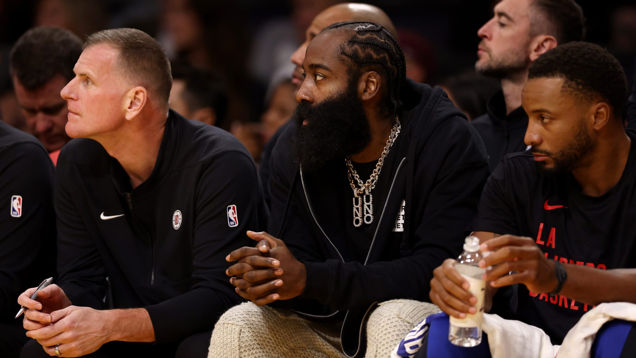 James Harden of the Los Angeles Clippers looks on from the bench during the first quarter against the Los Angeles Lakers at Crypto.com Arena on November 01, 2023 in Los Angeles, California. (Getty Images)