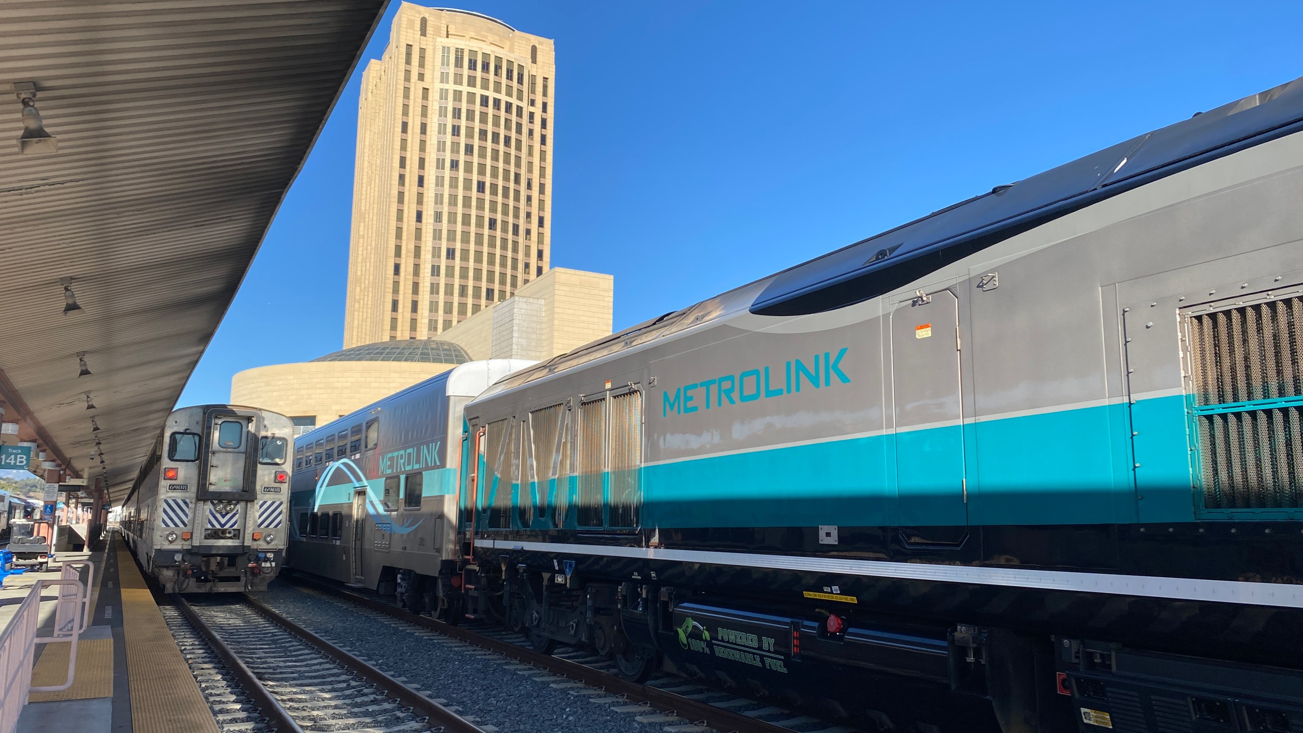 FILE – A Metrolink passenger train is seen at Los Angeles Union Station on Nov. 21, 2023. (KTLA)