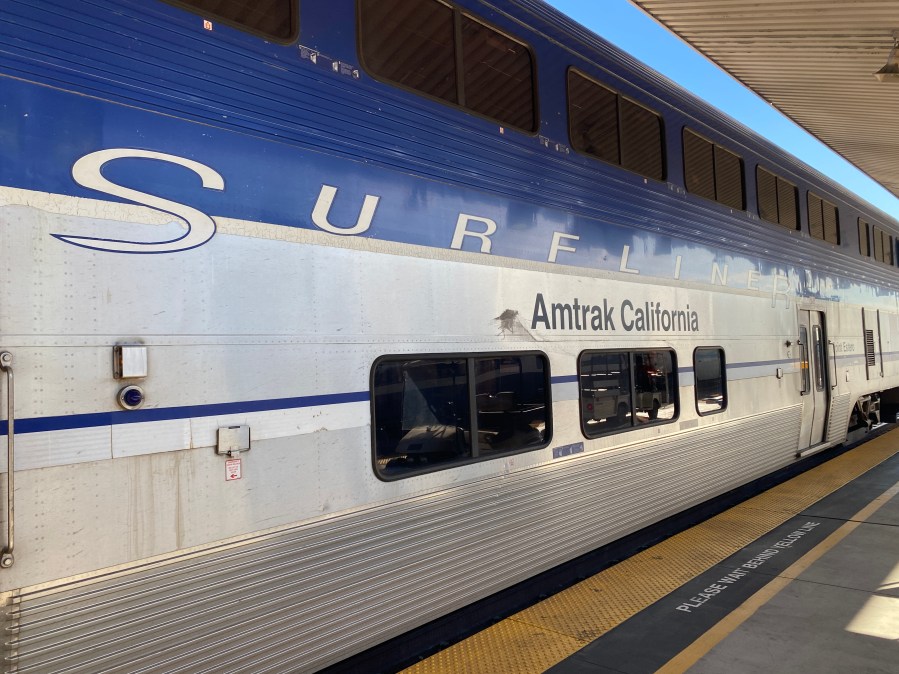 FILE – An Amtrak Pacific Surfliner train is shown parked at Los Angeles Union Station on Nov. 21, 2023. (KTLA)