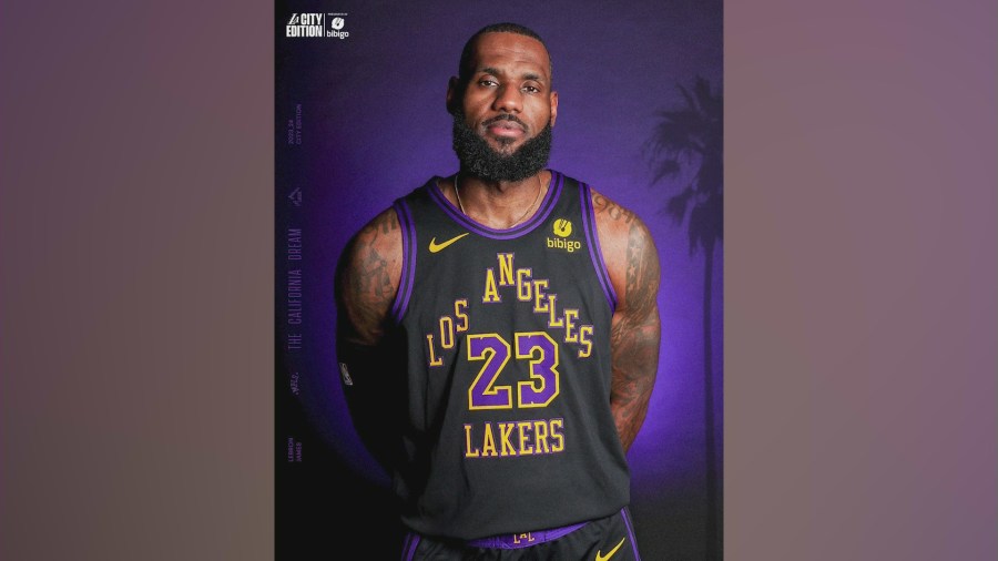 Lakers star LeBron James sports the team's new City Edition jersey which will make its debut in the new NBA In-Season Tournament on Nov. 14, 2023. (Los Angeles Lakers)