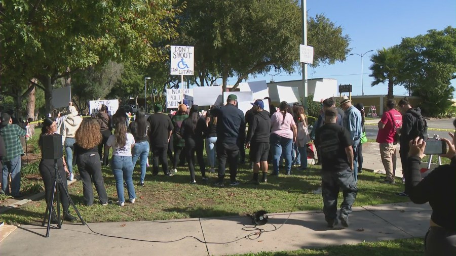 Community members seen protesting outside the East L.A. Sheriff’s Station on Nov. 25, 2023 and demanding justice after the violent arrest of an amputee was caught on camera. (KTLA)