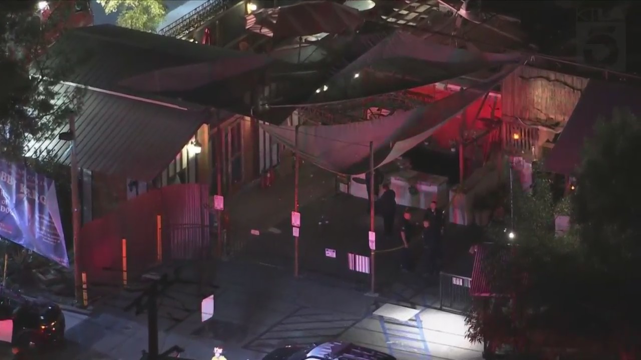 Police repsonded to an officer-involved shooting outside the Sagebrush Cantina in Calabasas on Nov. 1, 2023. (KTLA)